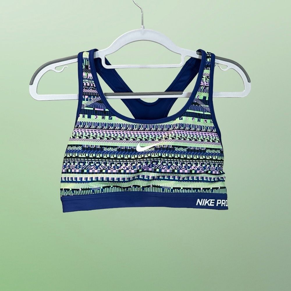 Nike Navy Blue & Lime Patterned Pro Sports Bra Large - Picture 11 of 11